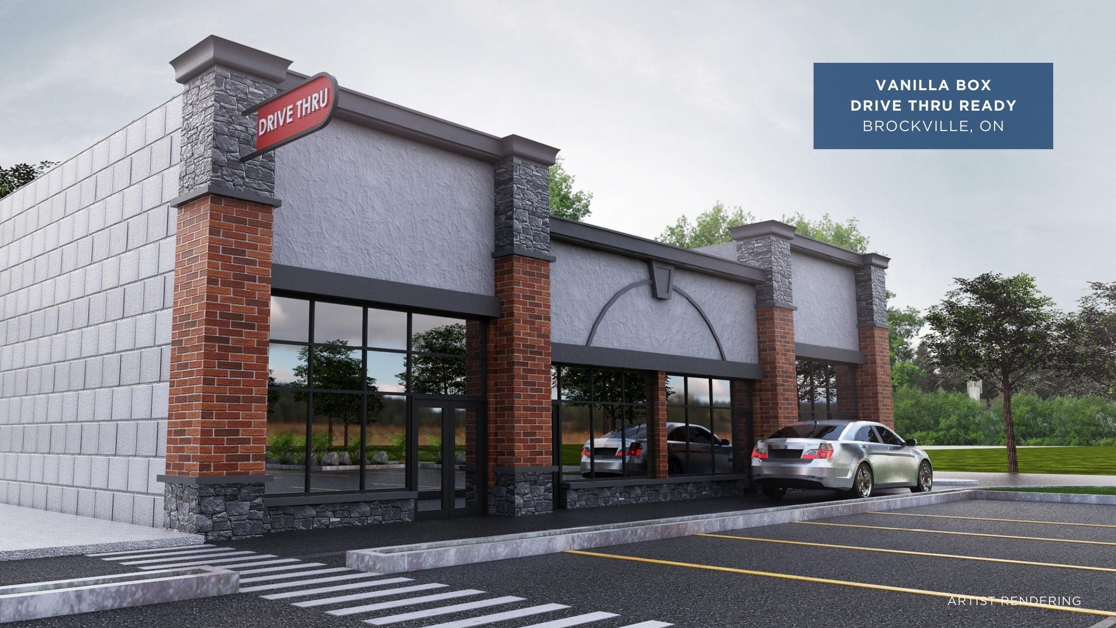 Vanilla box commercial building in Brockville Ontario prepared for tenant leasehold improvements including drive thru layout